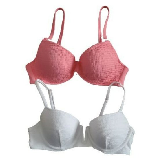 Set Of 2 Shade & Shore Light Lift & Lined Smocked Bikini Top In Pink & White 36B - Picture 1 of 10